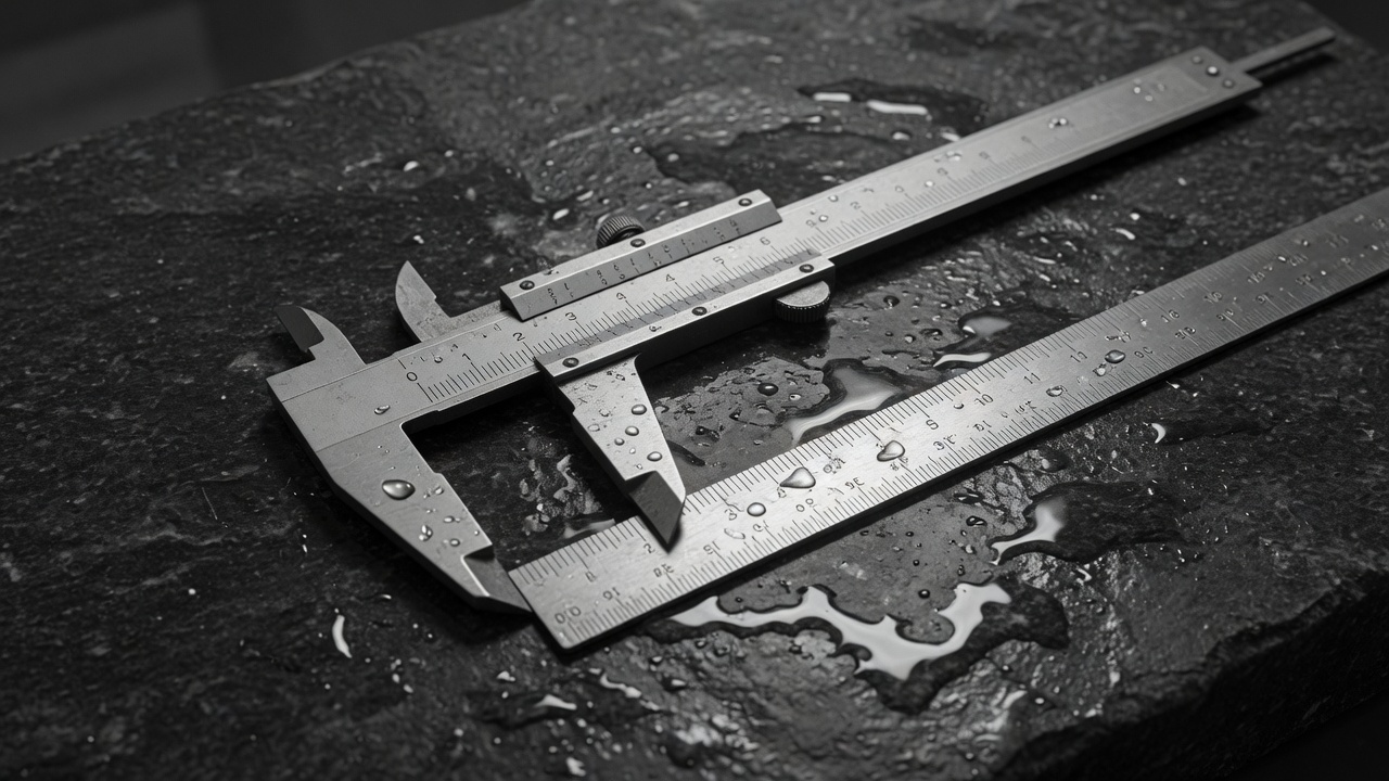 Steel measuring tools on dark stone