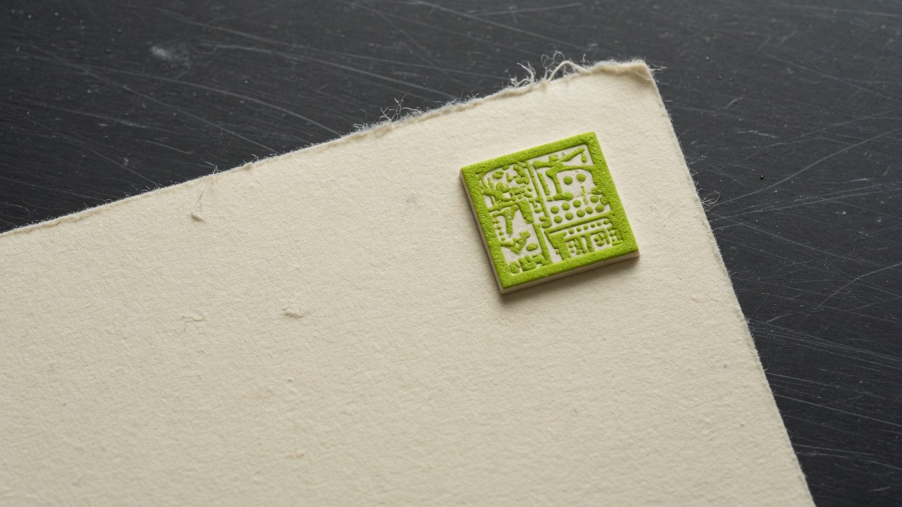 Cream letterpress paper with a lime square stamp